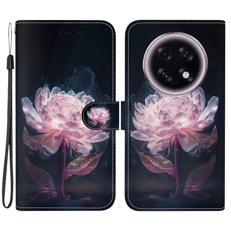 For Oppo F31 Pro+ 5G  /  A6 GT 5G Wallet Phone Case Anti-Drop Pattern Printing Leather Flip Cover with Strap - Purple Peony