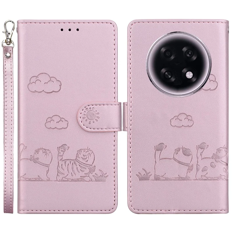 For Oppo F31 Pro+ 5G  /  A6 GT 5G Case RFID Blocking Kitten Pattern TPU + PU Leather Phone Cover with Wrist Strap - Pink