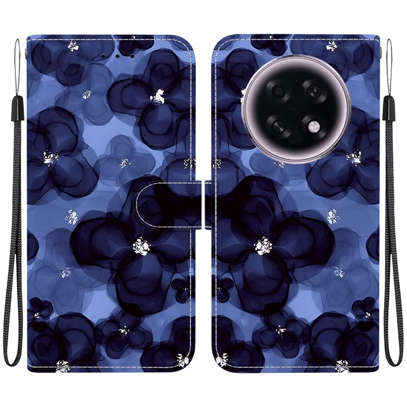 For Oppo F31 Pro+ 5G  /  A6 GT 5G Wallet Case Pattern Printing Leather Stand Phone Cover with Strap - Ink Blue Flower