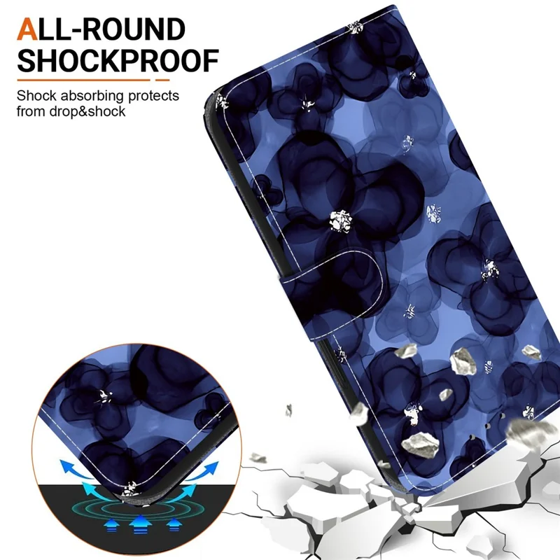 For Oppo F31 Pro+ 5G  /  A6 GT 5G Wallet Case Pattern Printing Leather Stand Phone Cover with Strap - Ink Blue Flower