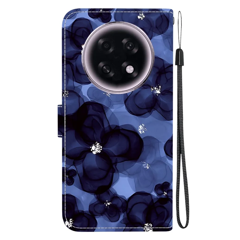 For Oppo F31 Pro+ 5G  /  A6 GT 5G Wallet Case Pattern Printing Leather Stand Phone Cover with Strap - Ink Blue Flower
