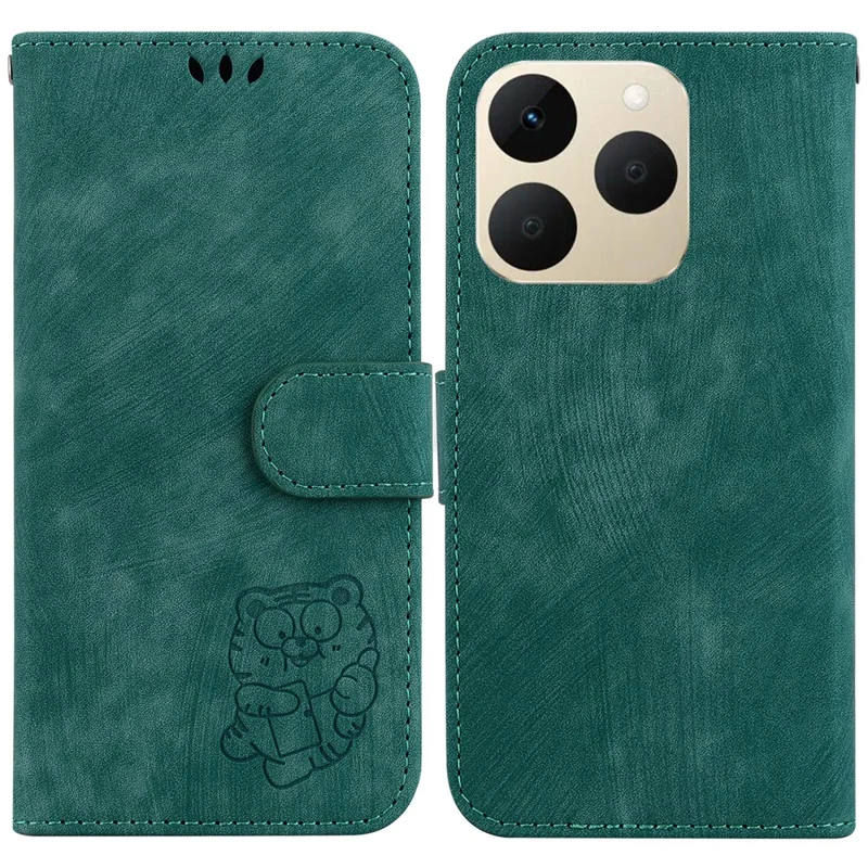 For Realme 15T 5G Wallet Case Tiger Imprint Leather Shockproof Phone Cover with Wrist Strap - Green