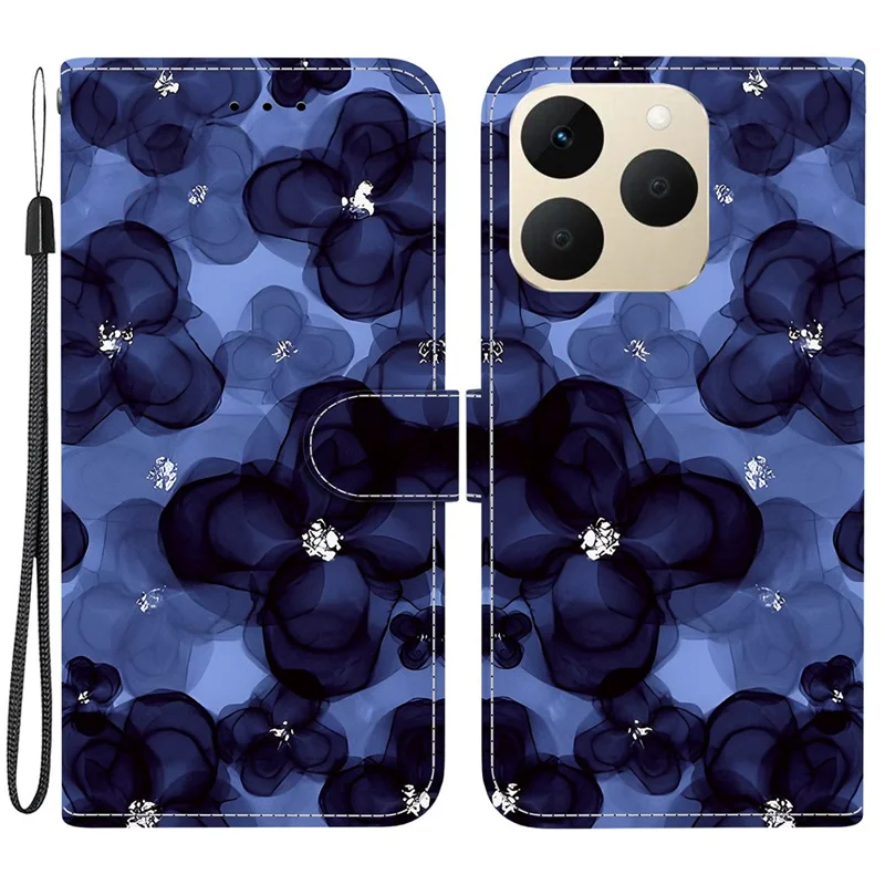 For Realme 15T 5G Wallet Case Pattern Printing Leather Stand Phone Cover with Strap - Ink Blue Flower