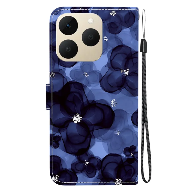 For Realme 15T 5G Wallet Case Pattern Printing Leather Stand Phone Cover with Strap - Ink Blue Flower