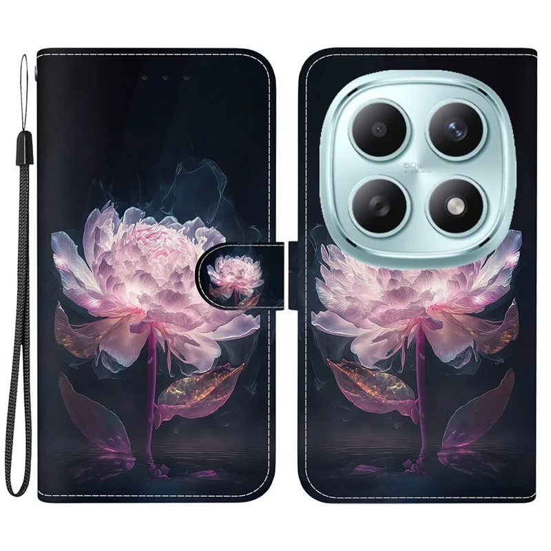 Xiaomi Redmi Note 15 5G (China) Brieftasche Handyhülle Anti-Drop Muster Bedruckt Leder Flip Cover mit Riemen - Lila Pfingstrose