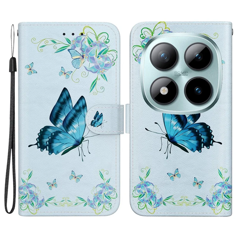 Portemonnee telefoonhoesje met patroon voor Xiaomi Redmi Note 15 Pro 5G, leren fliphoes met bandje en bedrukking - Blauwe vlinderbloem