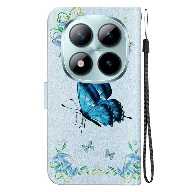 Portemonnee telefoonhoesje met patroon voor Xiaomi Redmi Note 15 Pro 5G, leren fliphoes met bandje en bedrukking - Blauwe vlinderbloem