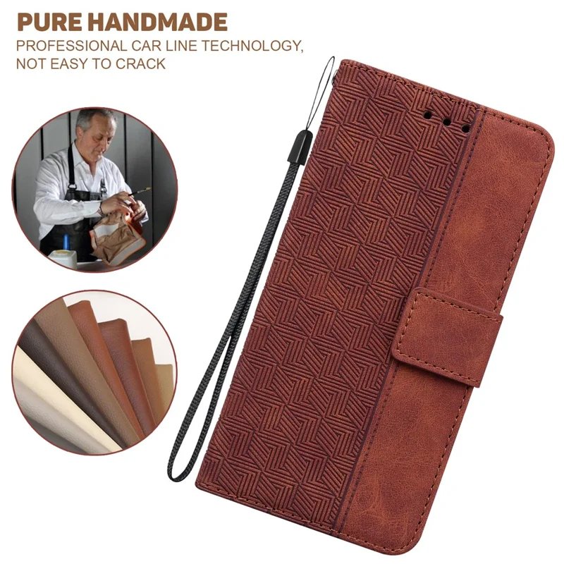 For Xiaomi Redmi Note 15 5G (Global) Case Geometry Pattern Leather Wallet Phone Cover with Wrist Strap - Brown