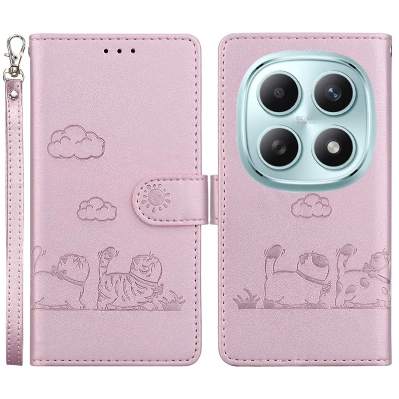 Capa para Xiaomi Redmi Note 15 5G (China) RFID Blocking Kitten Pattern TPU + PU Leather com Alça de Pulso - Rosa