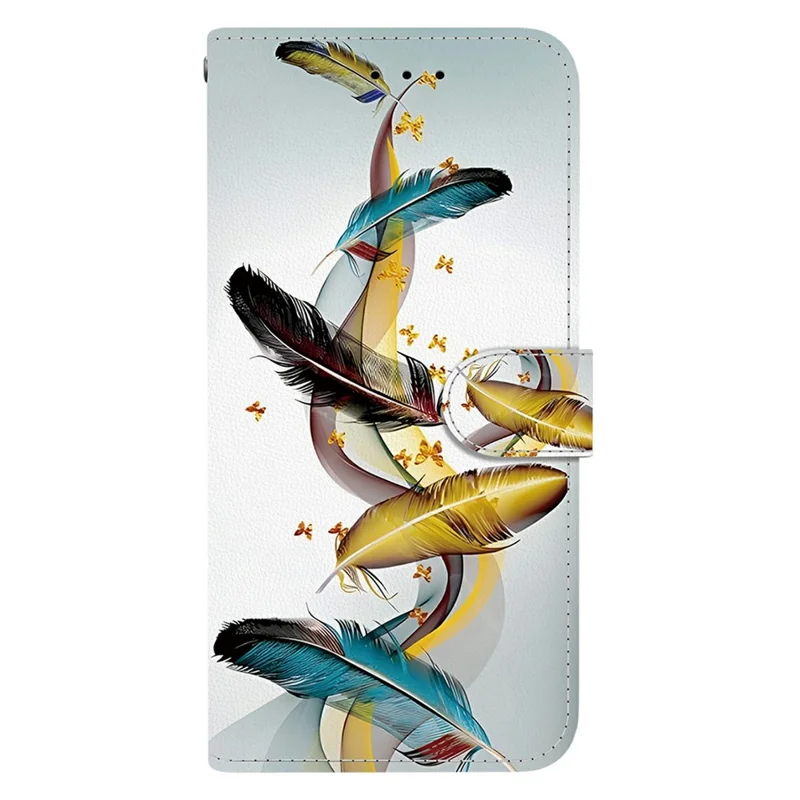 Capa para Xiaomi Redmi Note 15 5G (China) - Impressão de Padrão em Couro, Carteira Flip, Capa de Telefone com Cordão - Borboleta Dourada e Penas