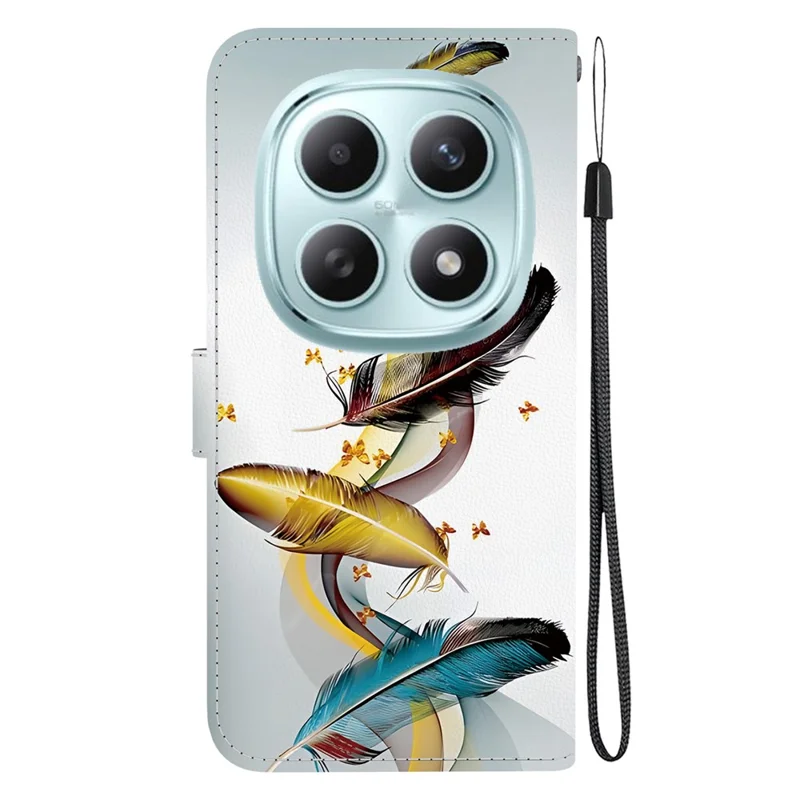 Capa para Xiaomi Redmi Note 15 5G (China) - Impressão de Padrão em Couro, Carteira Flip, Capa de Telefone com Cordão - Borboleta Dourada e Penas
