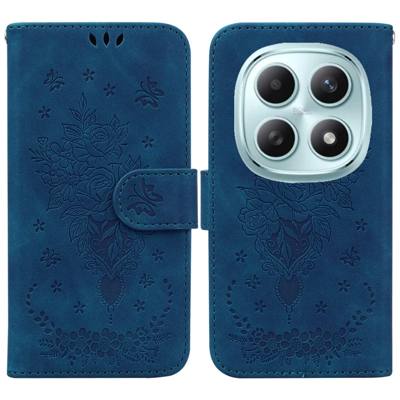 For Xiaomi Redmi Note 15 5G (Global) Case Butterfly Flower Imprint PU Leather Wallet Phone Cover with Strap - Blue