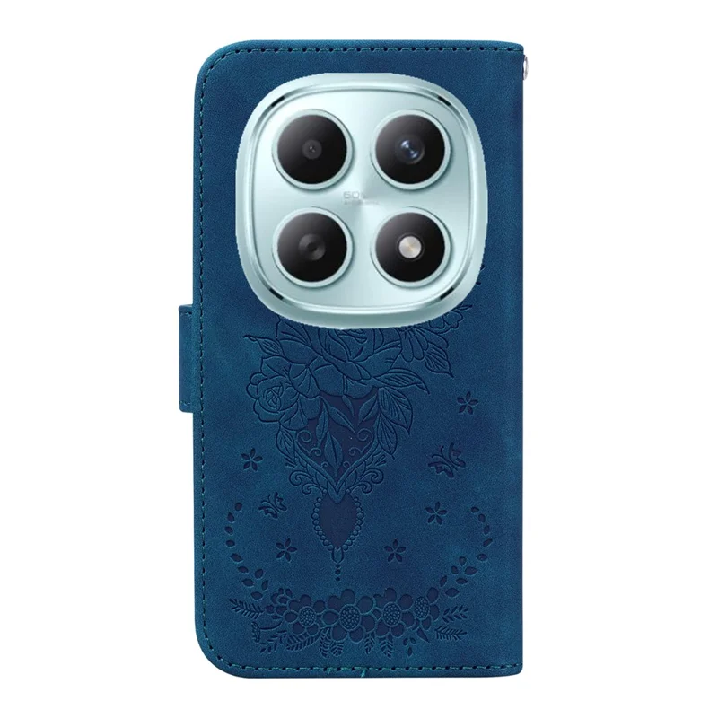 For Xiaomi Redmi Note 15 5G (Global) Case Butterfly Flower Imprint PU Leather Wallet Phone Cover with Strap - Blue