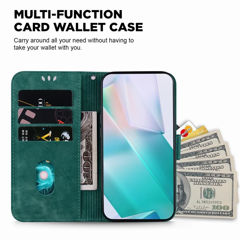 Étui portefeuille pour Xiaomi Redmi Note 15 5G (Chine) avec motif tigre en cuir et protection antichoc avec dragonne - Vert