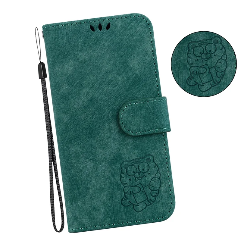 Étui portefeuille pour Xiaomi Redmi Note 15 5G (Chine) avec motif tigre en cuir et protection antichoc avec dragonne - Vert