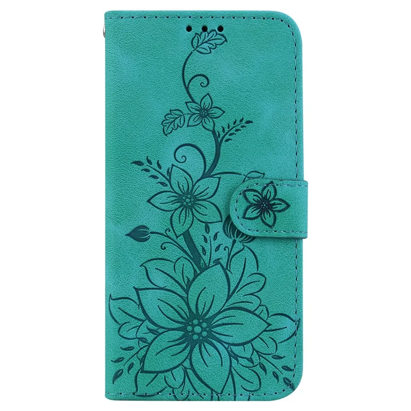 For Xiaomi Redmi Note 15 5G (Global) Stand Case Lily Flower Imprint Leather Phone Cover with Wrist Strap - Green