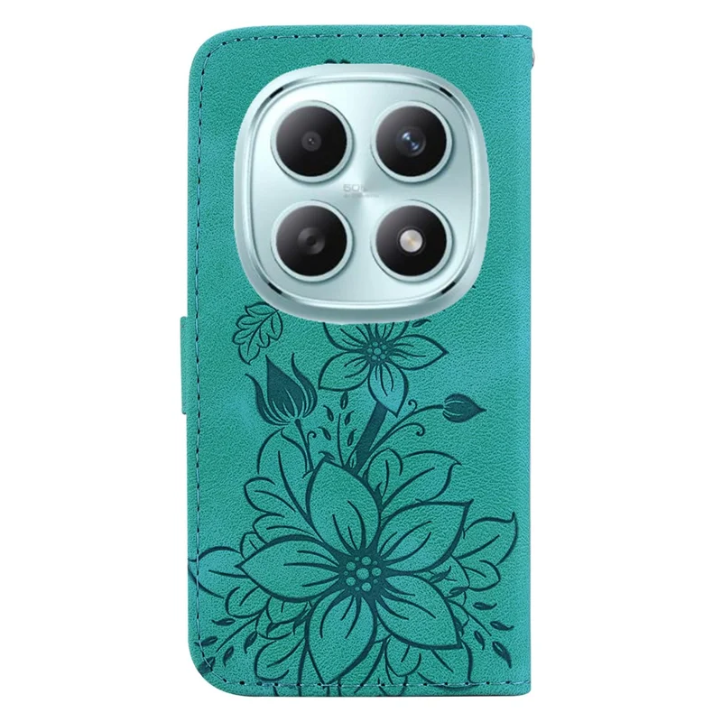 For Xiaomi Redmi Note 15 5G (Global) Stand Case Lily Flower Imprint Leather Phone Cover with Wrist Strap - Green