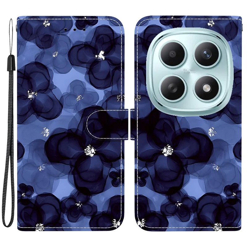 Capa de Couro com Impressão de Padrão e Suporte para Xiaomi Redmi Note 15 5G (China) - Flor Azul Tinta