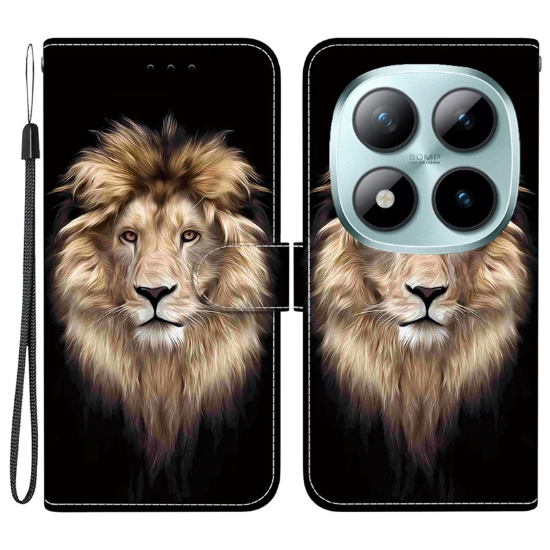 Voor Xiaomi Redmi Note 15 Pro 5G hoesje met patroonprint Lederen flip portemonnee telefoonhoes met koord - Leeuwenhoofd