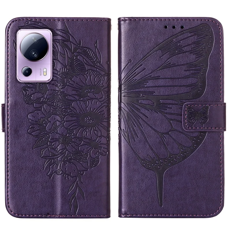 For Xiaomi 13 Lite / Civi 2 5G Wallet Case with Wrist Strap Butterfly Imprint Leather Phone Cover - Dark Purple