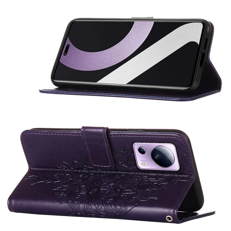 For Xiaomi 13 Lite / Civi 2 5G Wallet Case with Wrist Strap Butterfly Imprint Leather Phone Cover - Dark Purple