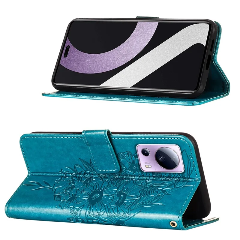 YB Imprimindo a Capa de Telefonia de Couro da Série 4 Para Xiaomi Civi 2 5G, Butterfly Flor Impresso Anti-arranhão Tampa do Suporte - Azul