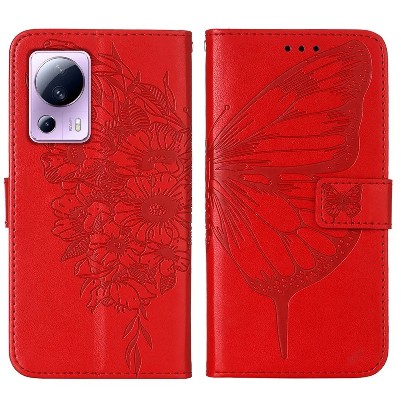 For Xiaomi 13 Lite / Civi 2 5G Wallet Case with Wrist Strap Butterfly Imprint Leather Phone Cover - Red