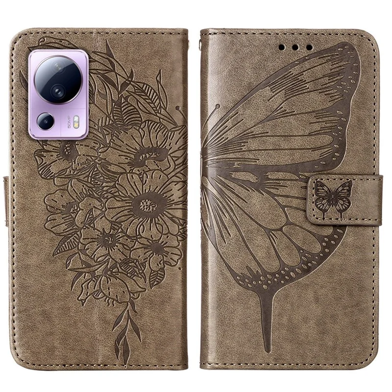 YB Imprimindo a Capa de Telefonia de Couro da Série 4 Para Xiaomi Civi 2 5G, Butterfly Flor Impresso Anti-arranhão Tampa do Suporte - Cinza