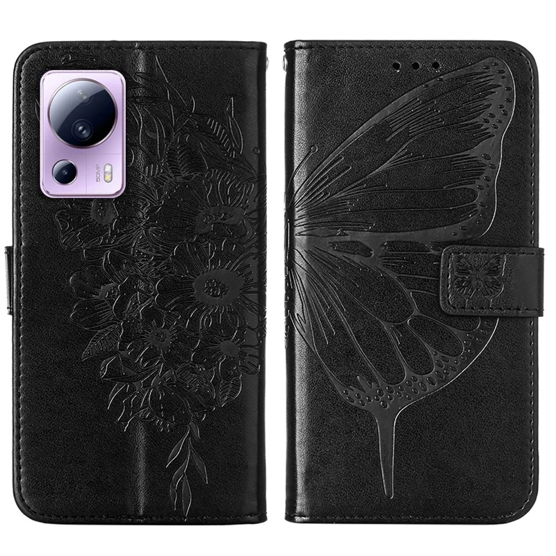 For Xiaomi 13 Lite / Civi 2 5G Wallet Case with Wrist Strap Butterfly Imprint Leather Phone Cover - Black