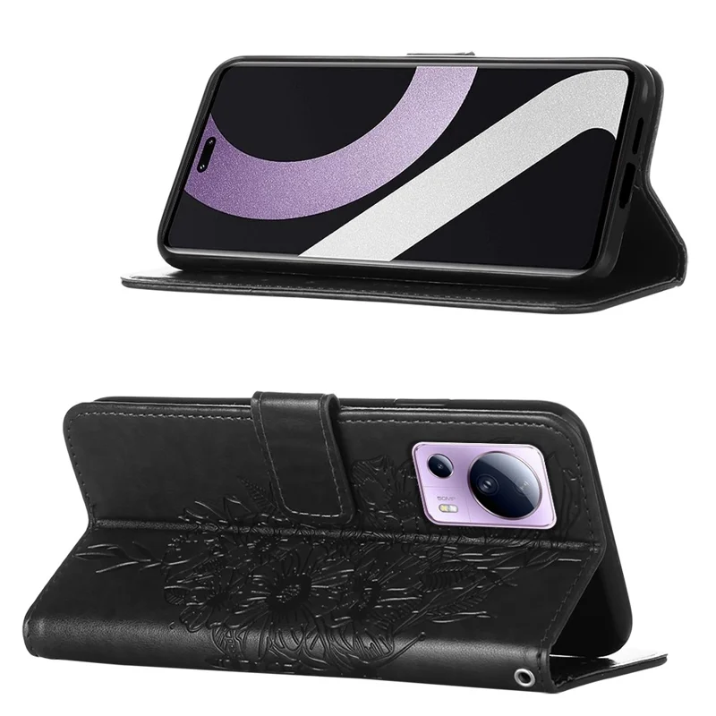 For Xiaomi 13 Lite / Civi 2 5G Wallet Case with Wrist Strap Butterfly Imprint Leather Phone Cover - Black