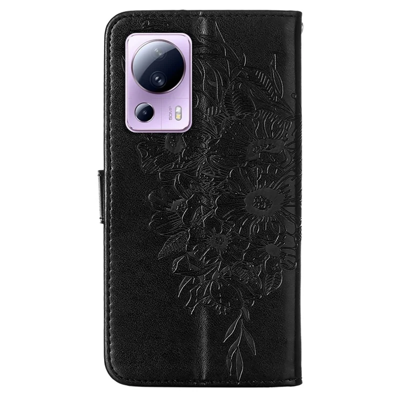 For Xiaomi 13 Lite / Civi 2 5G Wallet Case with Wrist Strap Butterfly Imprint Leather Phone Cover - Black