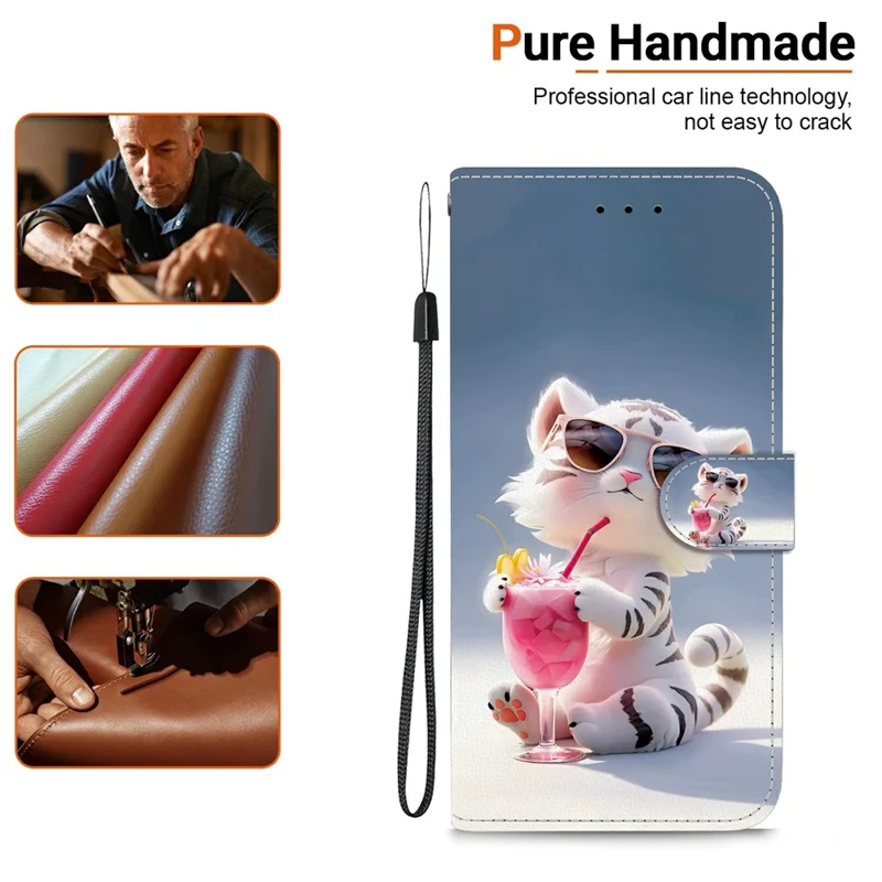 Voor Xiaomi Redmi Note 15 Pro+ 5G hoesje met patroonprint Lederen flip portemonnee telefoonhoes met koord - Cartoon Tijger