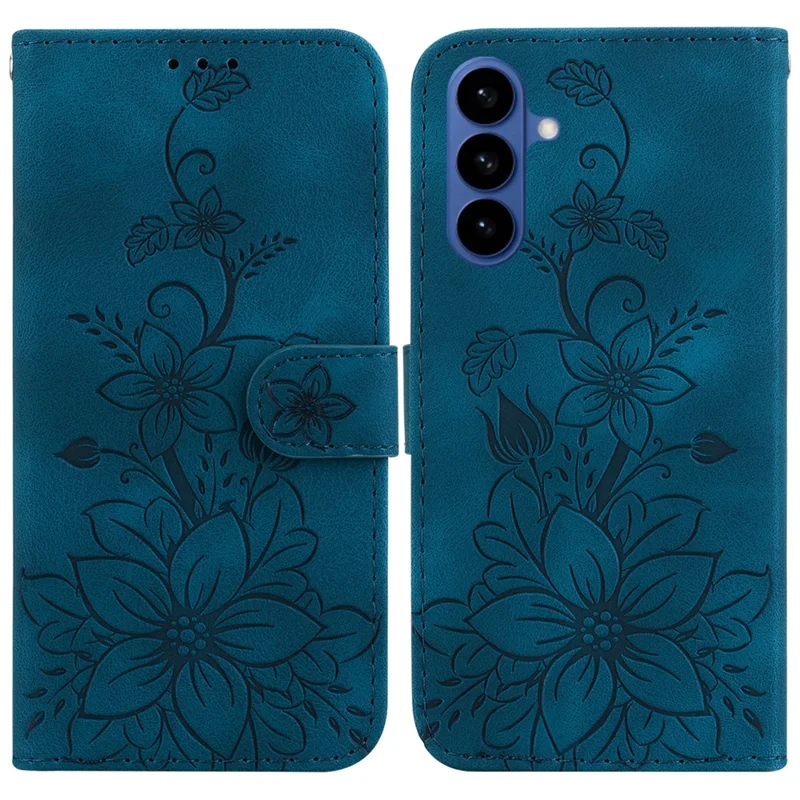 For Samsung Galaxy S26 / S26 Pro Stand Case Lily Flower Imprint Leather Phone Cover with Wrist Strap - Dark Blue