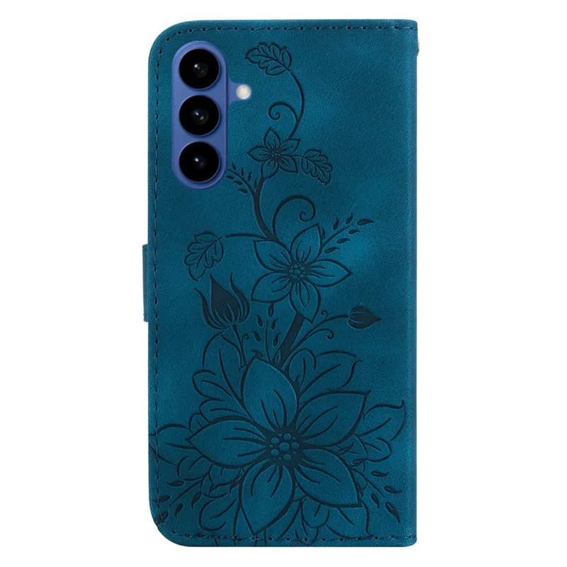 For Samsung Galaxy S26 / S26 Pro Stand Case Lily Flower Imprint Leather Phone Cover with Wrist Strap - Dark Blue