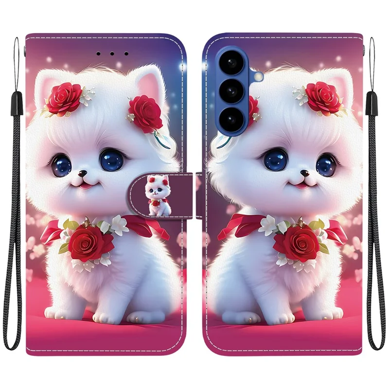 For Samsung Galaxy S26 Leather Case Stand Wallet Pattern Printing Phone Cover with Wrist Strap - Rose Cat