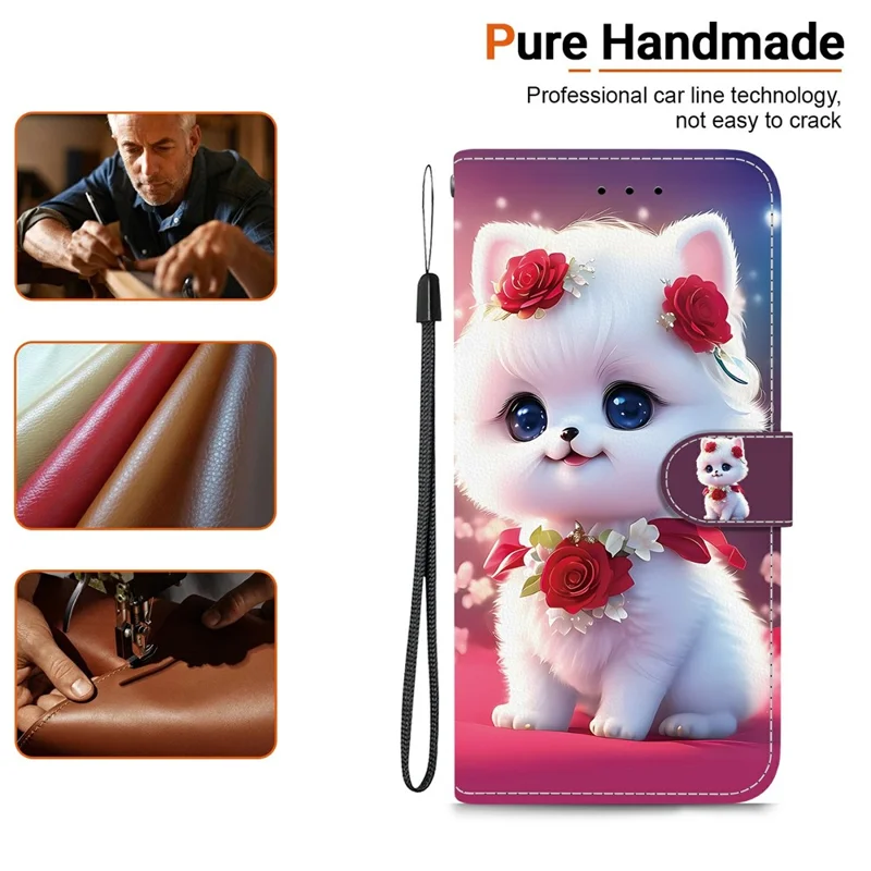 For Samsung Galaxy S26 Leather Case Stand Wallet Pattern Printing Phone Cover with Wrist Strap - Rose Cat