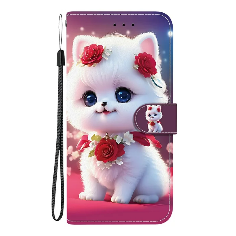 For Samsung Galaxy S26 Leather Case Stand Wallet Pattern Printing Phone Cover with Wrist Strap - Rose Cat