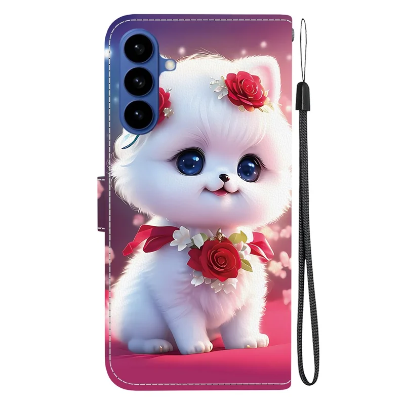 For Samsung Galaxy S26 Leather Case Stand Wallet Pattern Printing Phone Cover with Wrist Strap - Rose Cat