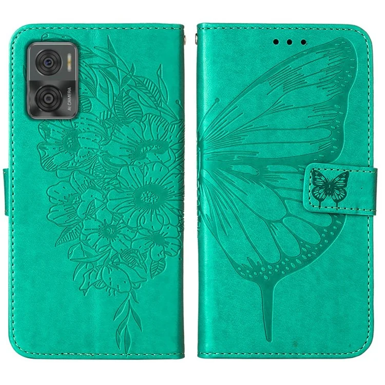 YB Imprinting Series-4 Per Motorola Moto E22 4G / Moto E22i 4G Custodia in Pelle PU Farfalla Fiore Impresso Anti-Graffio Portafoglio Custodia per Telefono con Supporto / Cinturino per Mano - Verde