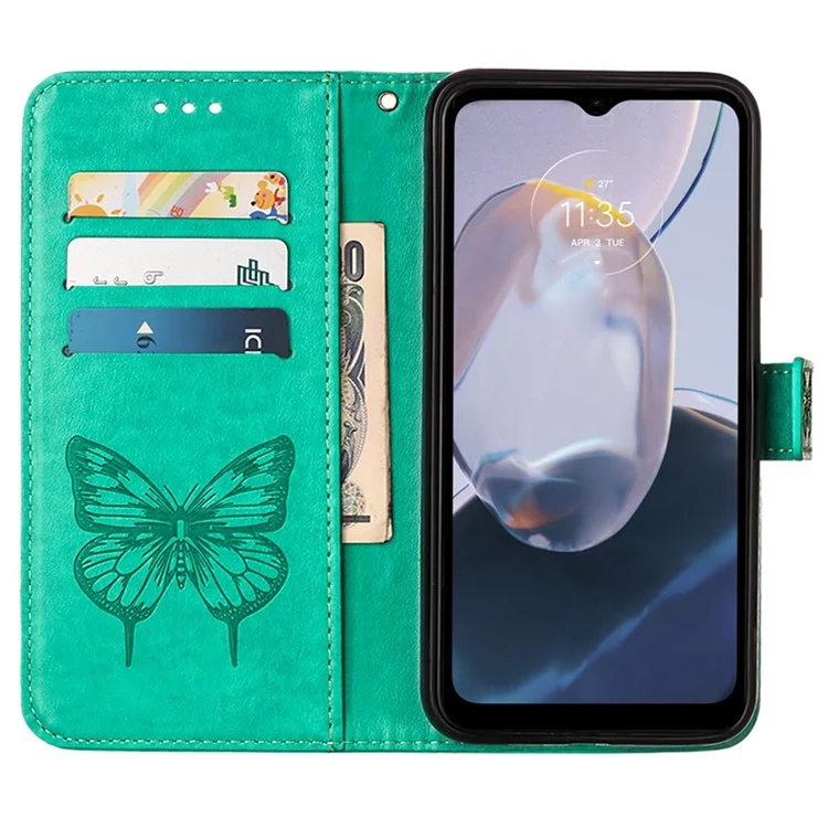 YB Imprinting Series-4 Per Motorola Moto E22 4G / Moto E22i 4G Custodia in Pelle PU Farfalla Fiore Impresso Anti-Graffio Portafoglio Custodia per Telefono con Supporto / Cinturino per Mano - Verde