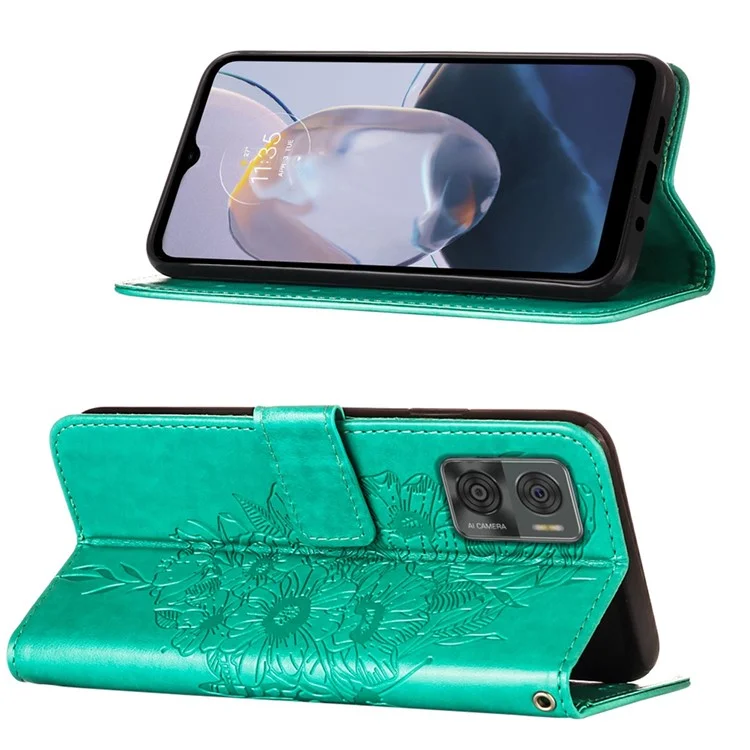 YB Imprinting Series-4 Per Motorola Moto E22 4G / Moto E22i 4G Custodia in Pelle PU Farfalla Fiore Impresso Anti-Graffio Portafoglio Custodia per Telefono con Supporto / Cinturino per Mano - Verde