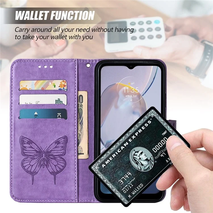 YB Imprinting Series-4 Per Motorola Moto E22 4G / Moto E22i 4G Custodia in Pelle PU Farfalla Fiore Impresso Anti-Graffio Portafoglio Custodia per Telefono con Supporto / Cinturino per Mano - Verde
