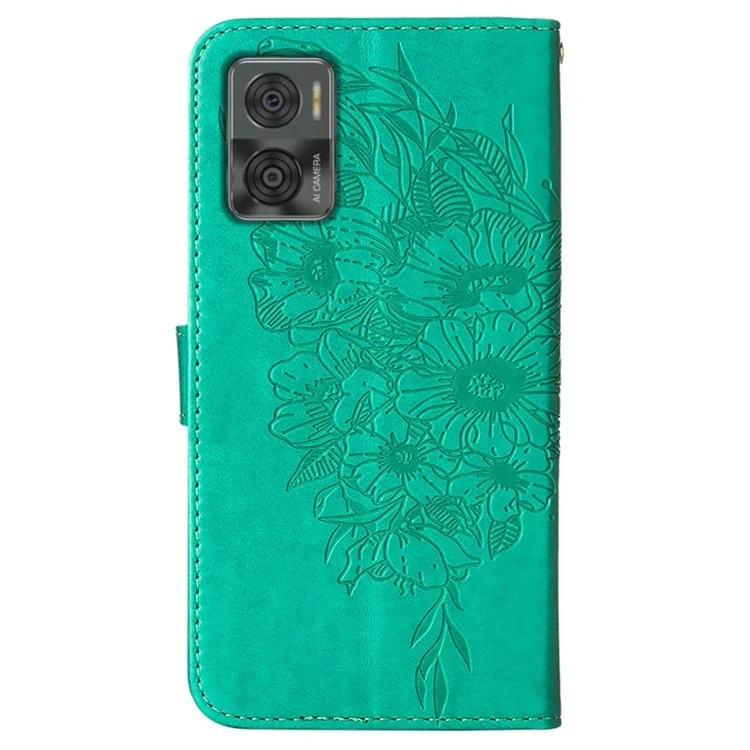 YB Imprinting Series-4 Per Motorola Moto E22 4G / Moto E22i 4G Custodia in Pelle PU Farfalla Fiore Impresso Anti-Graffio Portafoglio Custodia per Telefono con Supporto / Cinturino per Mano - Verde