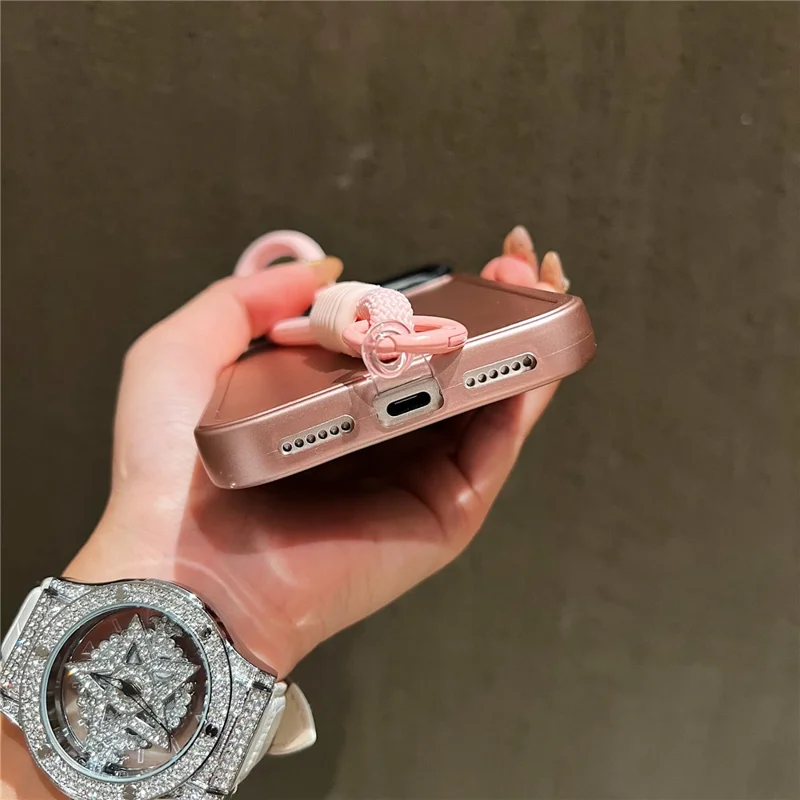 For iPhone 17 Pro Case Black Lens Frame Metal Paint Finish PC + TPU Phone Back Cover with Wrist Strap - Silver