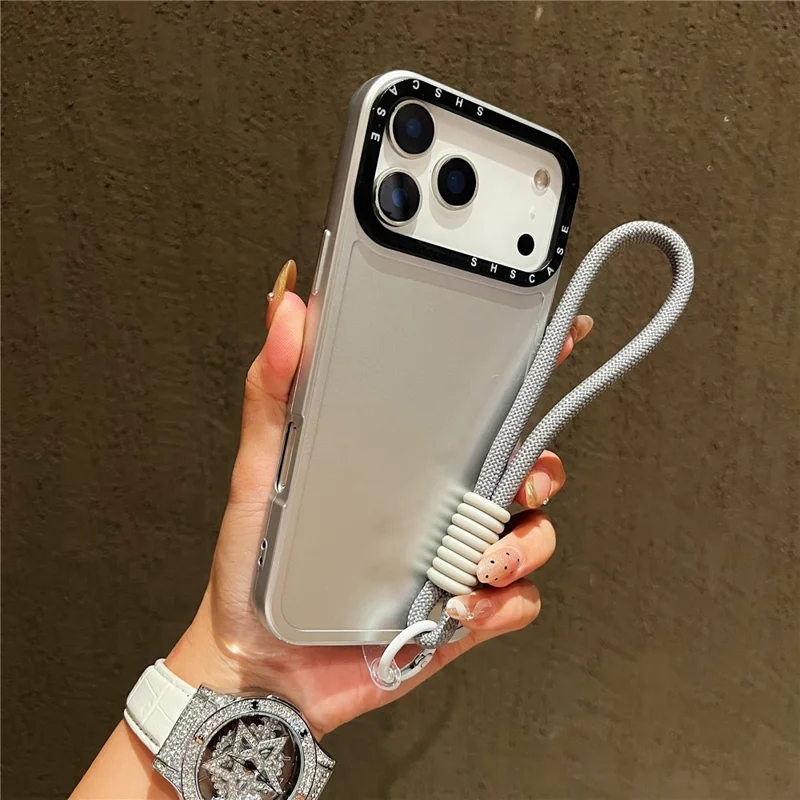 For iPhone 17 Pro Max Case Black Lens Frame Metal Paint Finish PC + TPU Phone Back Cover with Wrist Strap - Silver