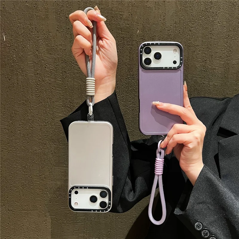 For iPhone 17 Pro Max Case Black Lens Frame Metal Paint Finish PC + TPU Phone Back Cover with Wrist Strap - Silver