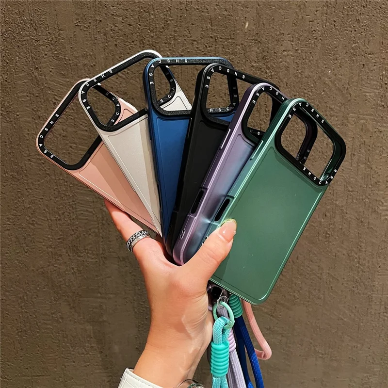 For iPhone 17 Pro Max Case Black Lens Frame Metal Paint Finish PC + TPU Phone Back Cover with Wrist Strap - Silver