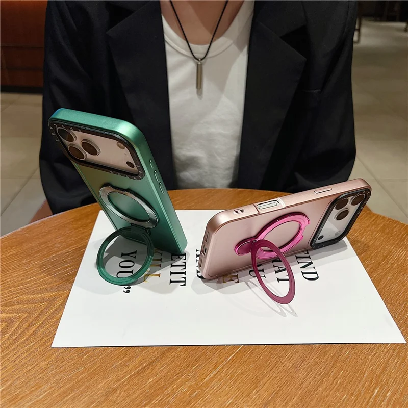 For iPhone 17 Pro Magnetic Case Kickstand Black Lens Frame Metal Paint Finish PC TPU Phone Back Cover - Rose Gold