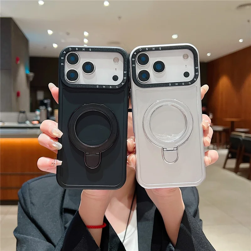 For iPhone 17 Pro Magnetic Case Kickstand Black Lens Frame Metal Paint Finish PC TPU Phone Back Cover - Rose Gold