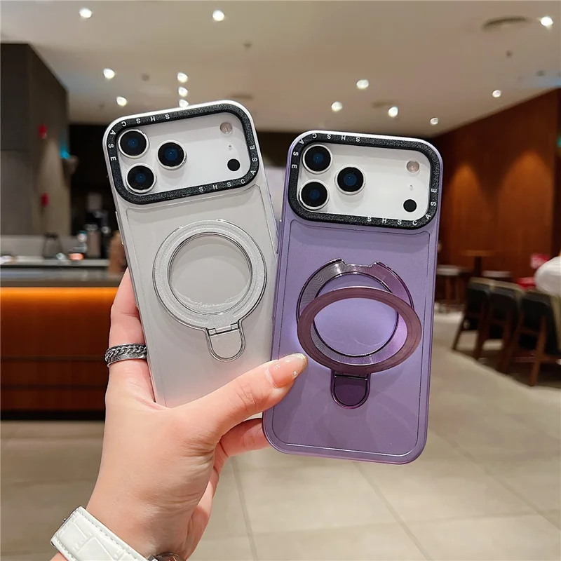 For iPhone 17 Pro Magnetic Case Kickstand Black Lens Frame Metal Paint Finish PC TPU Phone Back Cover - Rose Gold